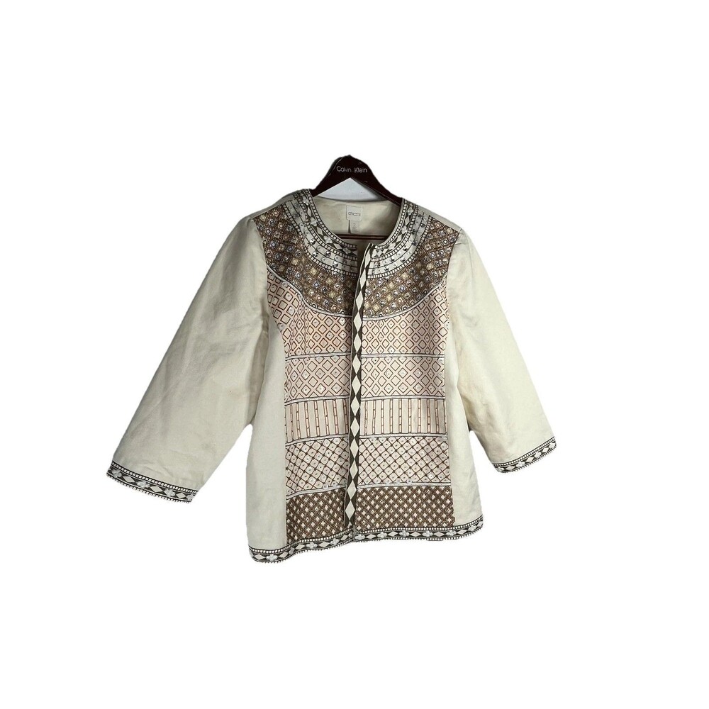 Chico's Jacket Womens 2 White Beaded Embroidered Sequin Collarless Lined